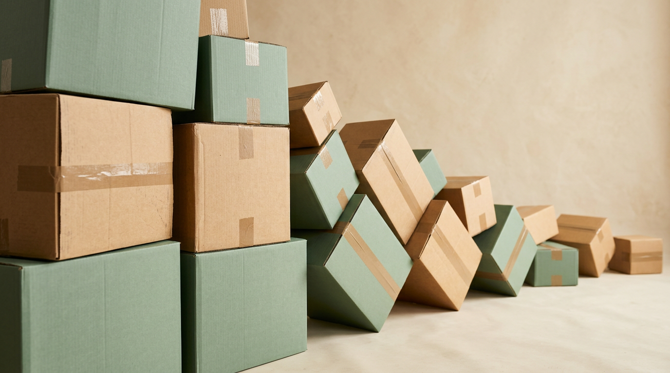 Sage green and kraft cardboard moving boxes stacked and tumbling across a plain beige room